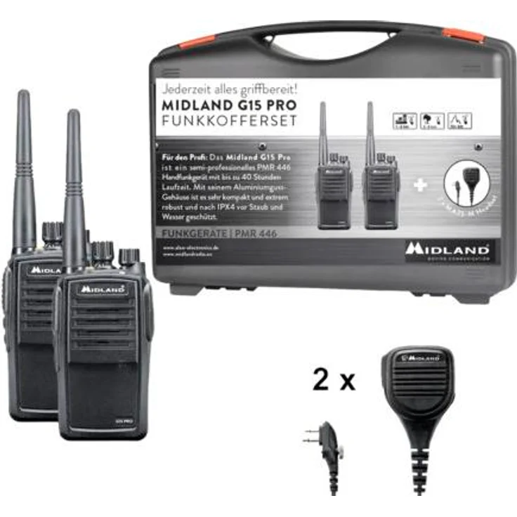 Midland G15 Pro NC PMR Funkkofferset 2-teilig, ultrakompaktes Funkgerät mit Rauschunterdrückung und 32 Kanälen