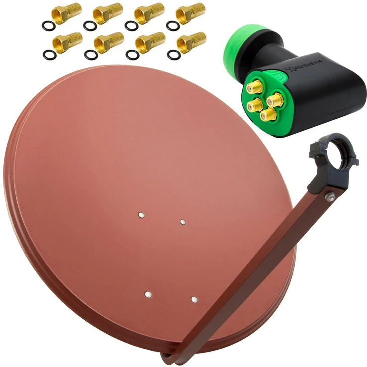 PremiumX Satellitenanlage 80cm Antenne Ziegelrot, GreenDiamond Quad LNB mit 8x F-Stecker, HDTV und 4K Ultra HD tauglich