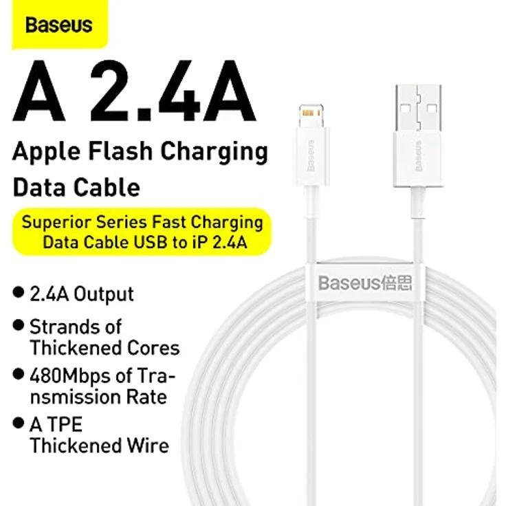 Baseus Superior USB-auf-Lightning Kabel, 2m, Schnellladung 2,4A, Weiß – Bild 2