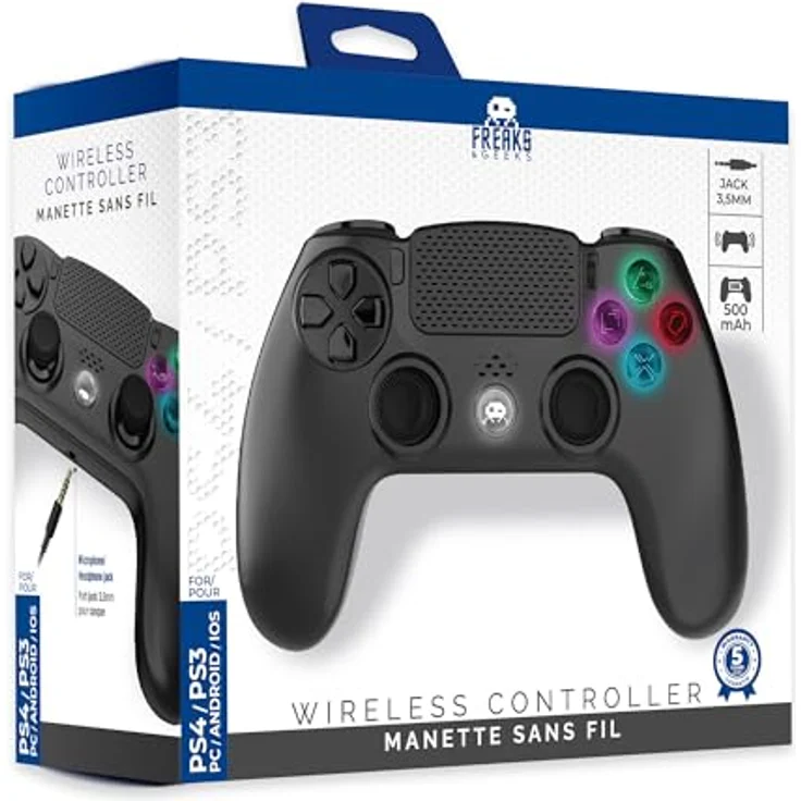 Freaks and Geeks Wireless Controller V2, Kabelloser Gaming Controller für PS4/PS3/PC mit LED-Tasten und 3,5-mm-Klinke, Schwarz – Bild 2