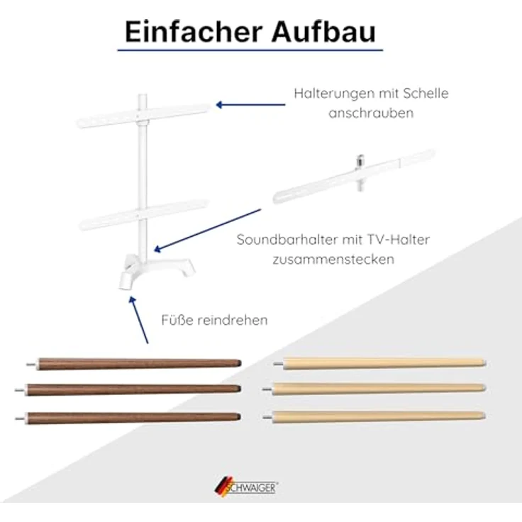 SCHWAIGER 658217 TV Ständer Staffelei Holz Bodenstativ Halterung für Flachbildschirme bis 65 Zoll max. 35kg mit Soundbarhalter weiß/Nussbaum echtes Holz Luxus Premium – Bild 5