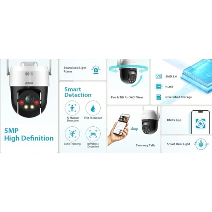 Dahua SD-P5AE-PV-0400B 5MP IP Eyeball-Kamera, PTZ-Kamera, 360° drehbar, Wifi & LAN, schwarz – Bild 4