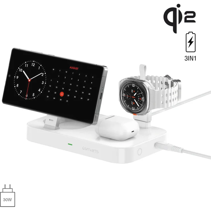 4smarts Qi2 Ladestation Trident mit Charger für Samsung Watch weiss - Kabelloses 3-in-1-Ladeerlebnis, magnetische Befestigung
