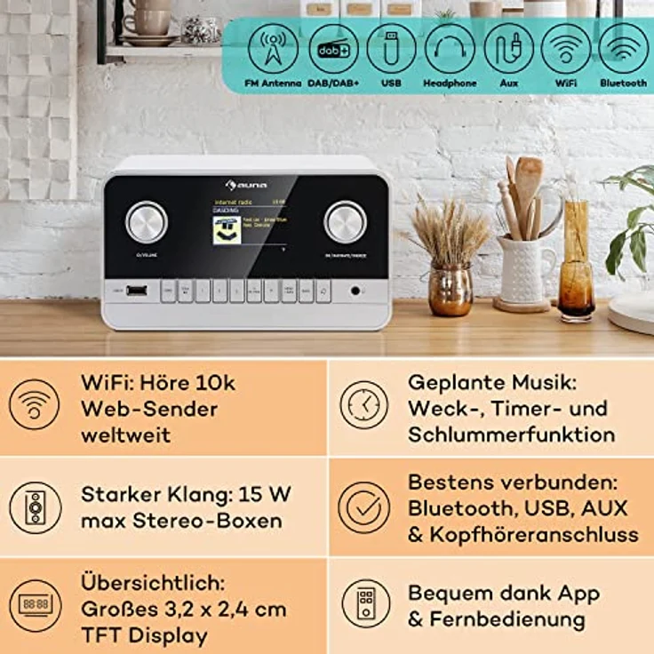 Auna Radio für Küche & Bad, Aufladbares DAB-Radio mit Bluetooth, Retro-Design, 5h Betrieb, Schwarz – Bild 2