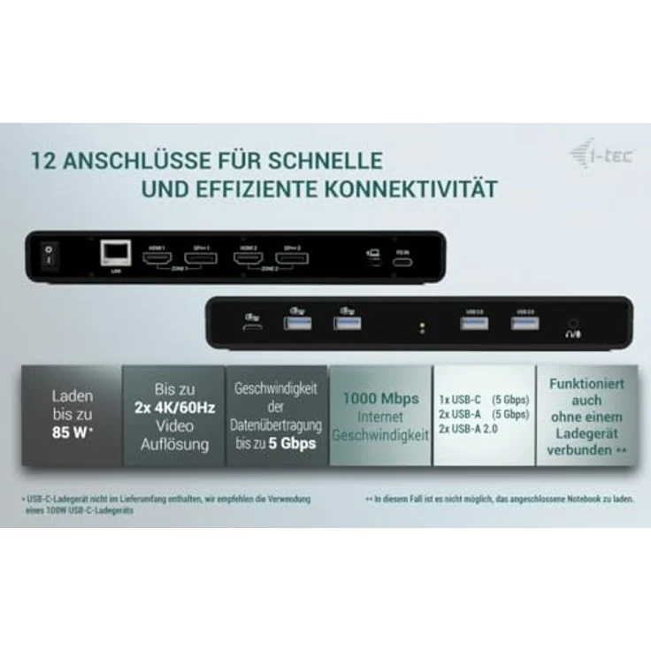 i-tec Universelle Dockingstation Dual 4K Display - 2X DisplayPort und 2X HDMI, 5X USB-Anschlüsse, in Schwarz – Bild 3