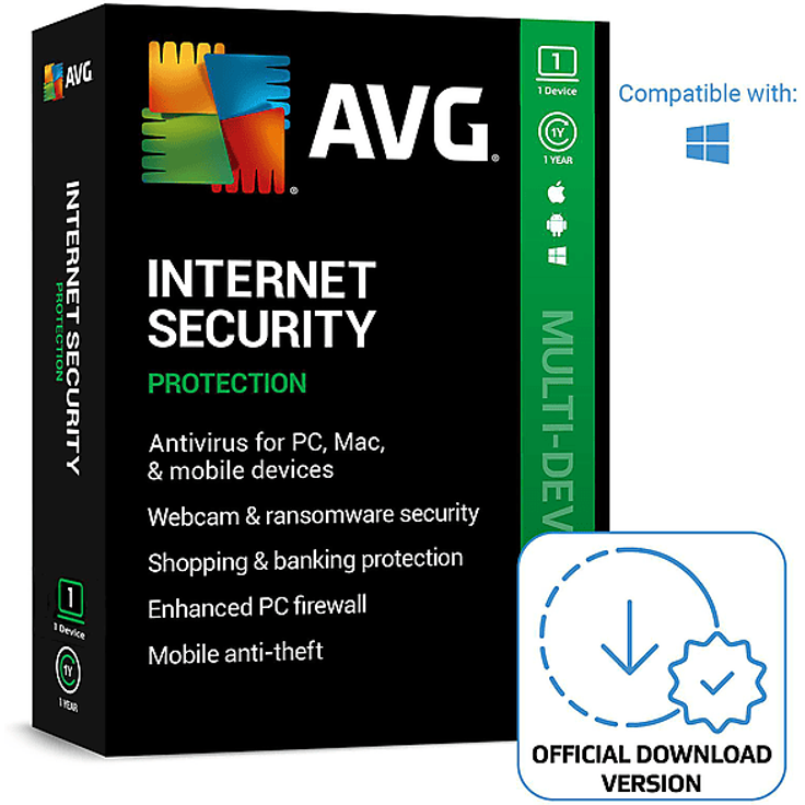 AVG Internet Security, Antivirenprogramm für 1 Gerät, 1 Jahr Schutz, PC/MAC, mit KI-gestütztem Malware-Schutz und integrierter Firewall