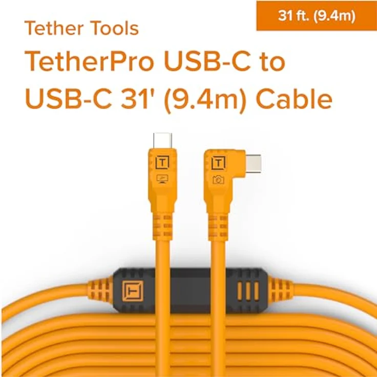 Tether Tools TetherPro USB-C auf USB-C, 9,4 m, gerade auf rechtwinkliges Kabel mit Dual-Inline-TetherBoosts, exklusiver Datenübertragung, Orange – Bild 2