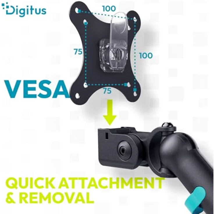 DIGITUS Dual Monitor Halterung, mechanische Feder für Flach- und Curved-Bildschirme bis 35 Zoll, 10 kg Traglast, VESA 75x75 & 100x100, Tischklemme, schwarz – Bild 2