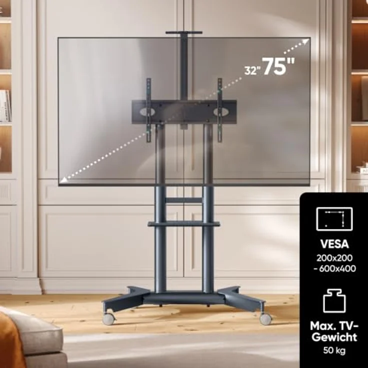 ONKRON TS1571-G, mobiler TV Ständer rollbar für 32-75" Fernseher, bis 50 kg, max VESA 600x400, höhenverstellbar, Graphit – Bild 2