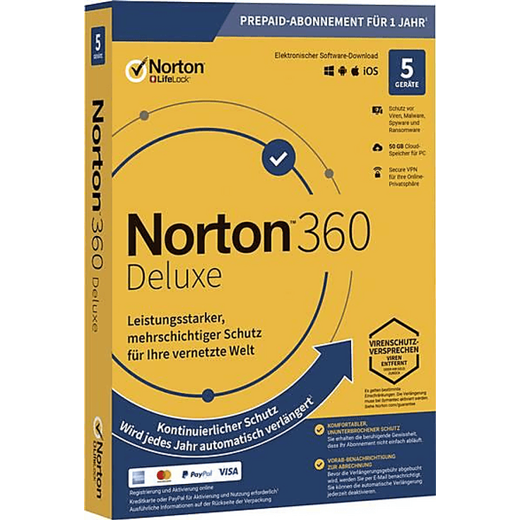 NORTON LIFELOCK Norton 360 Deluxe, 1 Benutzer Jahres Abo für 5 Geräte, 50GB Cloud-Speicher, inkl. Antivirus, VPN, Passwort-Manager, Kindersicherung (PC, iOS, MAC, Android)