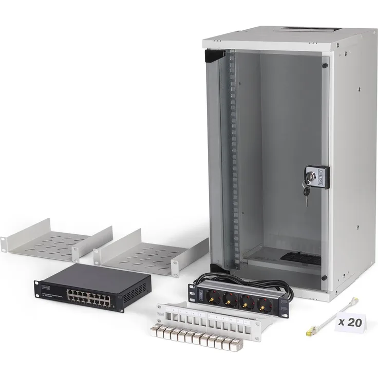 Digitus SOHO PRO 10" Netzwerk-Set, 12HE Wandgehäuse mit Zubehör, grau, kompaktes Serverschrank-System für IT-Verkabelung
