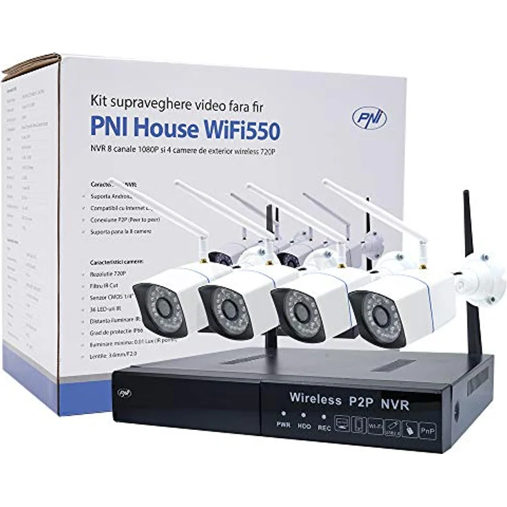 PNI Videoüberwachungspaket House WiFi550, NVR 8 Kanäle 1080P mit 4 drahtlosen wetterfesten Aussenkameras 720P, P2P, weiss und schwarz – Bild 1