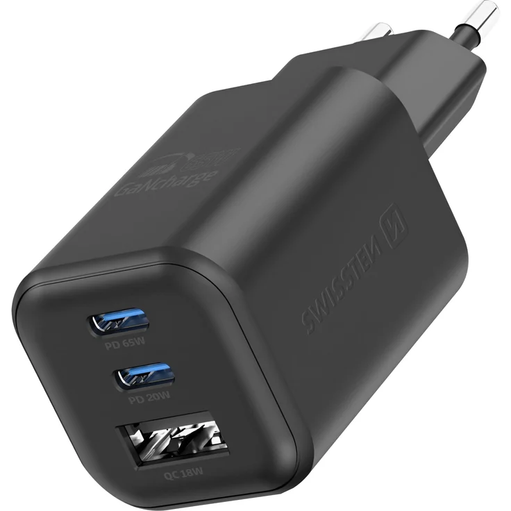 Swissten USB-C 45W + USB 18W GaN-Netzteil, Schnellladegerät mit kompaktem Design, Schwarz