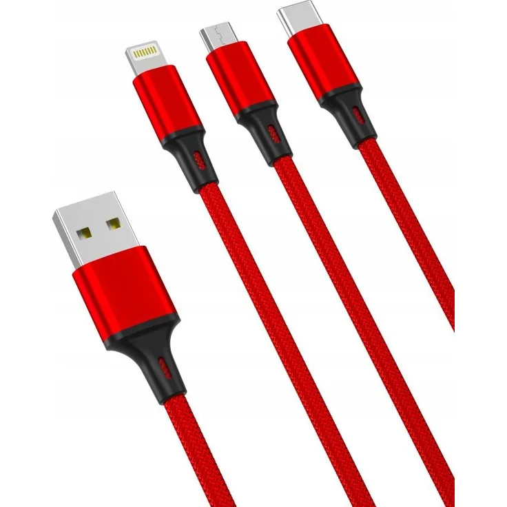 XO 3-in-1-Kabel, USB, Lightning und USB-C/ microUSB, 1,2 m, rot