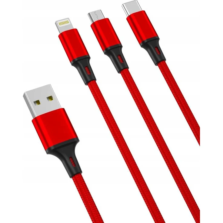 XO 3-in-1-Kabel, USB, Lightning und USB-C/ microUSB, 1,2 m, rot