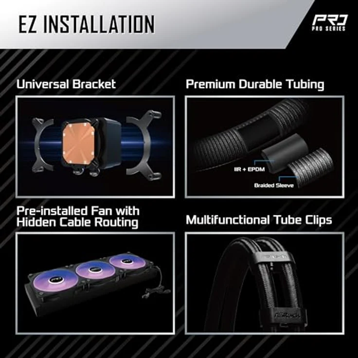 ASRock Pro 360 ARGB Black, AiO-Wasserkühlung mit 360mm Radiator, 3x 120mm Lüfter, kompatibel mit Intel LGA1851 / LGA1700 und AMD AM5 / AM4 – Bild 6