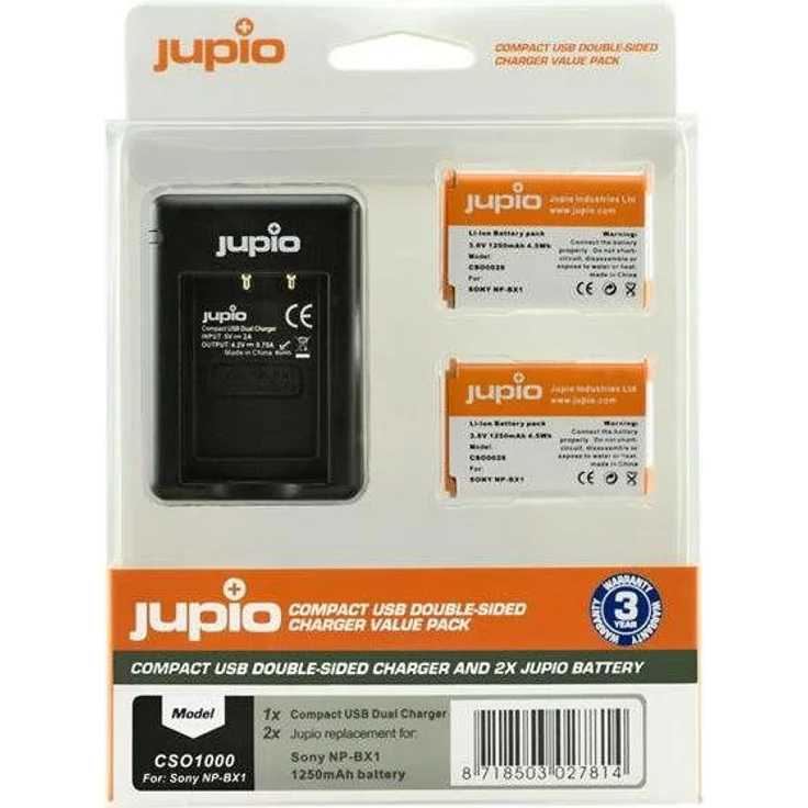 Jupio CSO1000 Value Pack, 2x NP-BX1 Akkus und USB Double-Sided Charger für Foto- und Videoanwender