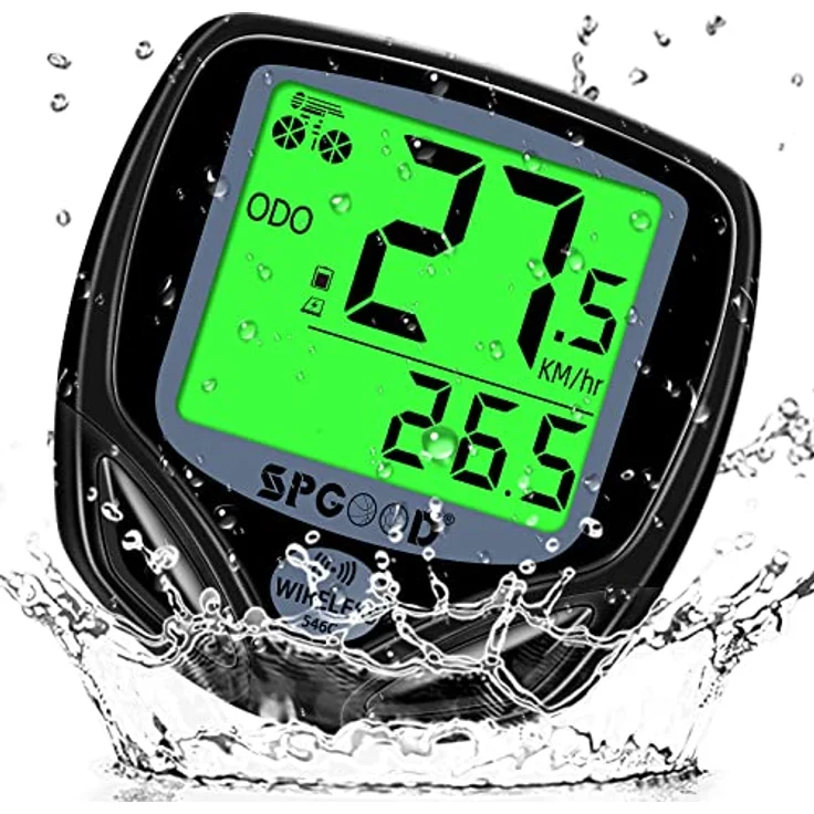SPGOOD Fahrradcomputer Tacho Kabellos, 19 Funktionen, IP54 wasserdicht mit Hintergrundbeleuchtetem Display, automatischer Start/Stopp, schwarz – Bild 1