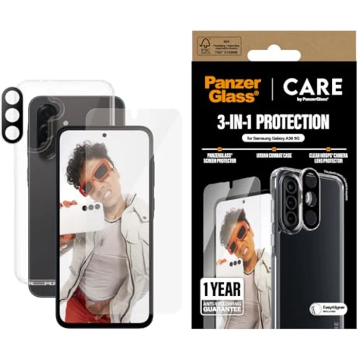 Care by PanzerGlass Flagship 3-in-1 Set für Samsung Galaxy A36 5G, Displayschutz mit Fallschutz, Kratzfestigkeit und EasyAligner Installation – Bild 2