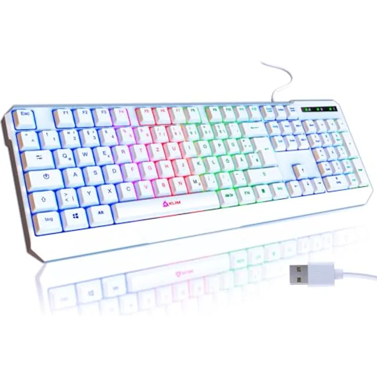 KLIM Chroma Gaming Tastatur QWERTZ DEUTSCH mit Kabel USB Weiß + Langlebig, Ergonomisch, Wasserdicht, Leise, RGB - PC Mac Xbox One X PS4