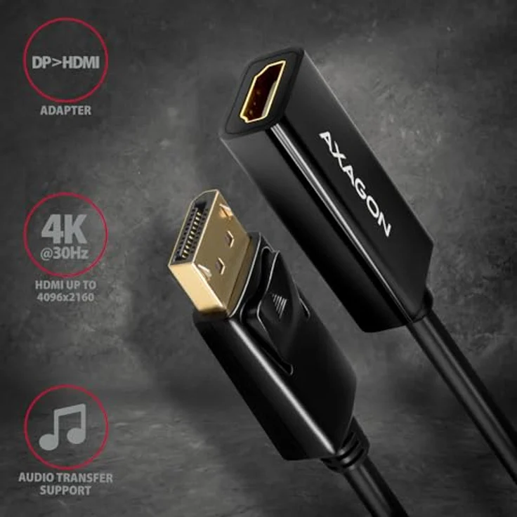 AXAGON RVD-HI14N DisplayPort zu HDMI 1.4 Adapter, 4K/30Hz, schwarzes Kabel, 15 cm lang – Bild 2