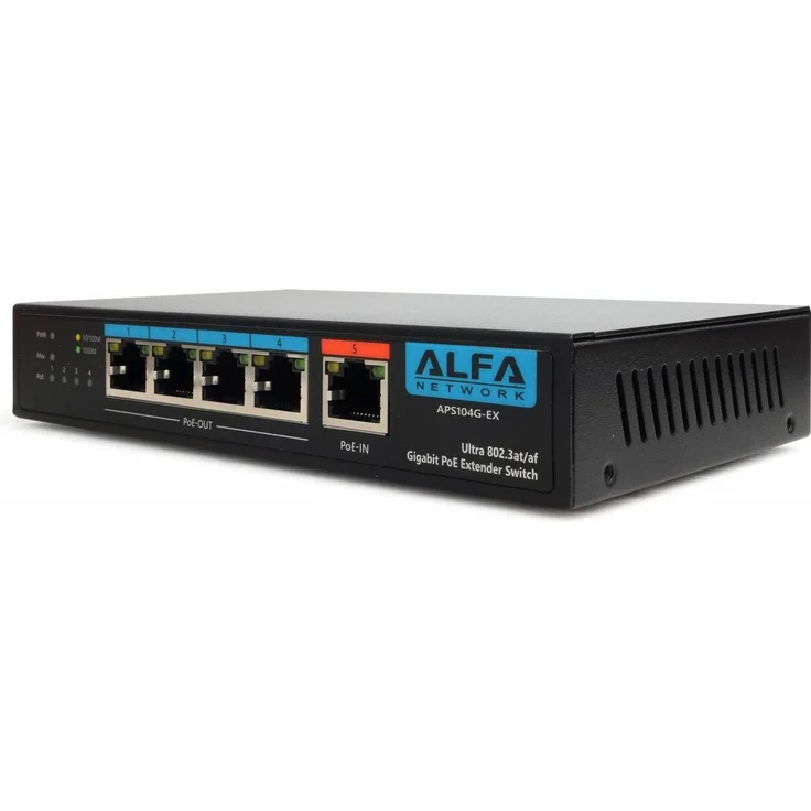 Alfa Network APS104G-EX, 60 W Ultra PoE 4-Port Gigabit PoE Extender Switch, leistungsstarker Netzwerk-Switch mit energieeffizientem Ethernet