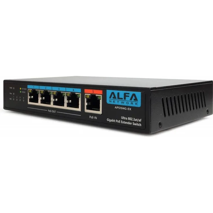 Alfa Network APS104G-EX, 60 W Ultra PoE 4-Port Gigabit PoE Extender Switch, leistungsstarker Netzwerk-Switch mit energieeffizientem Ethernet
