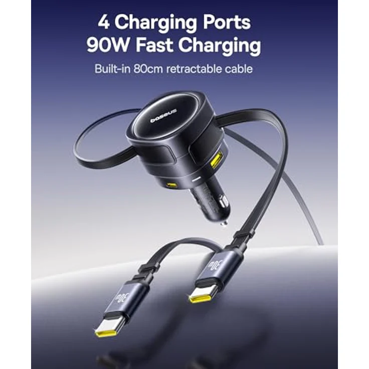 Baseus Enjoyment Max, Auto-Ladegerät mit 90W Leistung, USB-C+USB-C Kabeln und USB-A+USB-C Ports, schwarz – Bild 3