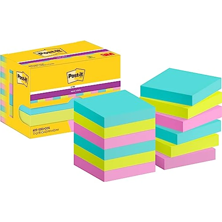 Post-it Super Sticky Haftnotizblock 622-12SS-COS, Haftnotiz Super Sticky Notes Miami Collection, 476 x 476 mm, 12x 90 Blatt, türkis, neongrün, neonpink – Bild 1