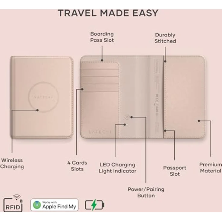 SATECHI Passhülle mit Find My / Ortung, Reisepasshalter mit 4 Kartenfächern, kabelloser Ladefunktion und RFID-Schutz – Desert Rose – Bild 2