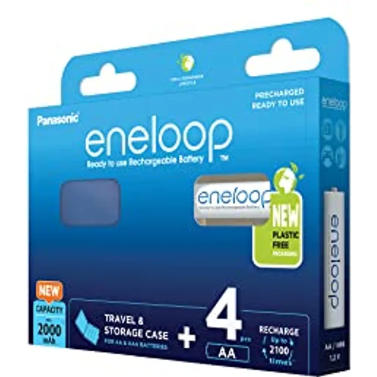 Panasonic eneloop, Ready-to-Use Ni-MH Akku, AA/Mignon, 4er-Pack mit Box, verbesserte Kapazität, 2100 Ladezyklen, hohe Leistung & geringe Selbstentladung, wiederaufladbar, plastikfreie Verpackung
