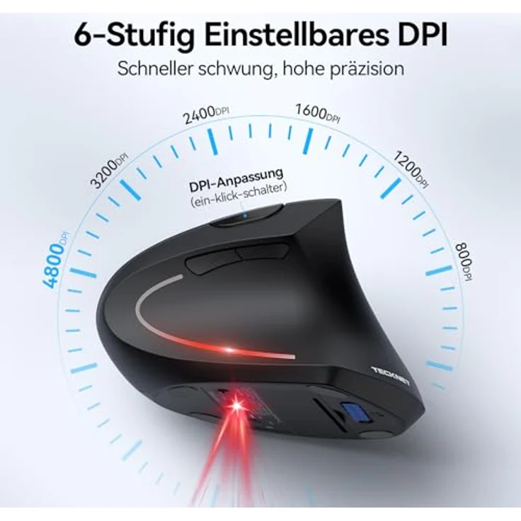 TECKNET Ergonomische Kabellose Maus, Vertikale Bluetooth-Maus (BT 5.0+BT 3.0+2.4G), 6 DPI-Einstellstufen bis 4800, Optisch Leise, für Laptop/PC/Mac/Tablet/iPad, 6 Tasten – Bild 4