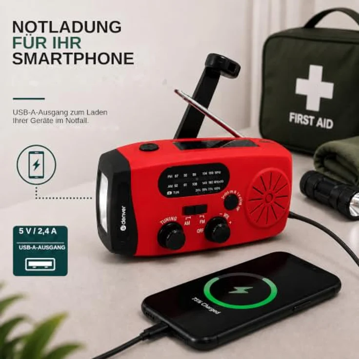 DENVER SCR-2007, Notfallradio mit Solar- und Dynamo-Antrieb, 2000 mAh Powerbank, FM, rot – Bild 6