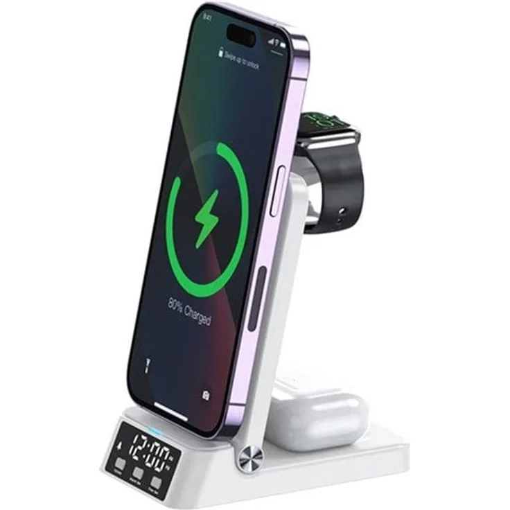 SiGN 3-in-1 Wireless Charging Stand mit Digitalem Wecker, 15W, Qi Schnellladung, Weiß