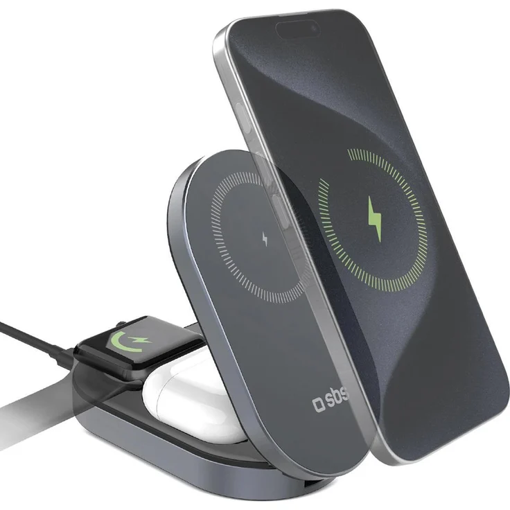 SBS TEWIRMAGFOLD31QI2MFI, 3-in-1 kabelloses Ladegerät mit Qi2-Technologie, USB, faltbares Design, grau