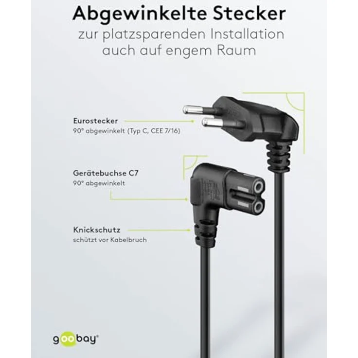Goobay 97350 Euro Anschlusskabel beidseitig abgewinkelt, 2 m, Schwarz Eurostecker (Typ C, E 7-16) > Gerätebuchse C12 – Bild 4