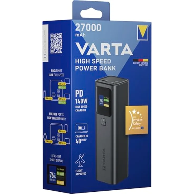 VARTA Powerbank 27000mAh High Speed, 140W Ultraschnellladung, 2x USB-C, 1x USB-A, tragbares Ladegerät mit Digitalanzeige, flugtauglich, inkl. 140W-Kabel – Bild 4