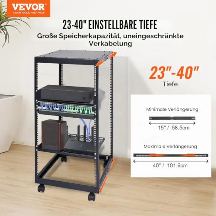 VEVOR 20U Server-Rack mit offenem Rahmen, freistehendes/wandmontiertes 4-Pfosten-AV-Rack mit Rollen, einstellbare Tiefe 23-40 Zoll, Tragfähigkeit 500 lbs, Carbonstahl – Bild 2