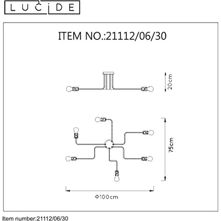 LUCIDE LESTER Deckenleuchte - 6xE27 - Schwarz, Metall, LED-kompatibel, dimmbar – Bild 3