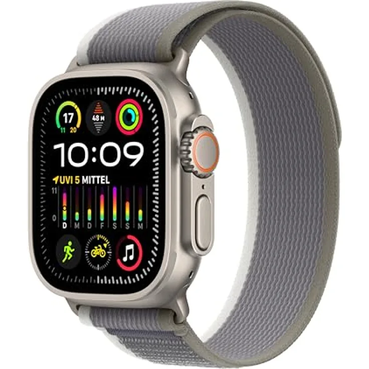 Apple Watch Ultra 2 GPS + Cellular, 49 mm Titangehäuse, Trail Loop Grün/Grau – S/M