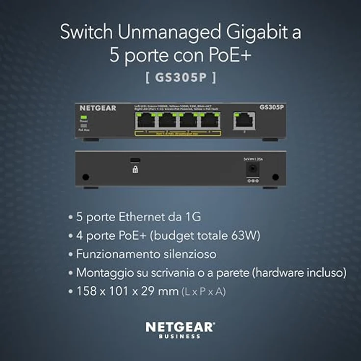 NETGEAR 5-Port Gigabit Ethernet Unmanaged PoE+ Switch (GS305P): mit 4 PoE+ bei 63 W, Desktop- oder Wandbefestigung in Schwarz – Bild 2