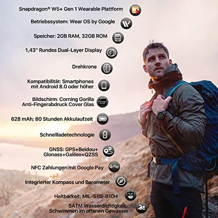 Ticwatch Pro 5 Android Smartwatch für Männer Snapdragon W5+ Gen 1 Wear OS Smartwatch 80 Stunden Lange Akkulaufzeit Gesundheit Fitness Tracking 5ATM Wasserbeständigkeit Kompass Nur Android kompatibel, Black – Bild 2