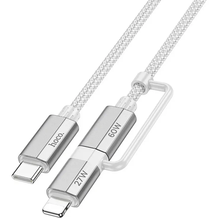 Hoco 2 in 1 Ladekabel USB Typ C, kompatibel mit iPhone und USB-C, 1,2 m, grau, 60 W Schnellladung, Power Delivery und Quick Charge 3.0