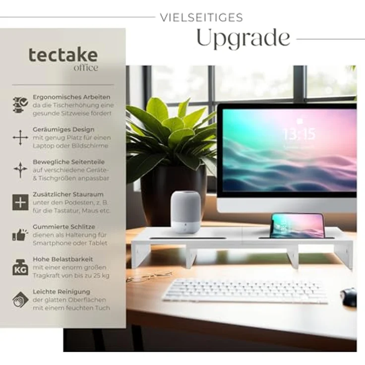 tectake® Monitorständer weiß, Ergonomische Bildschirmerhöhung mit flexibler Anpassung und zusaätzlichem Stauraum – Bild 2