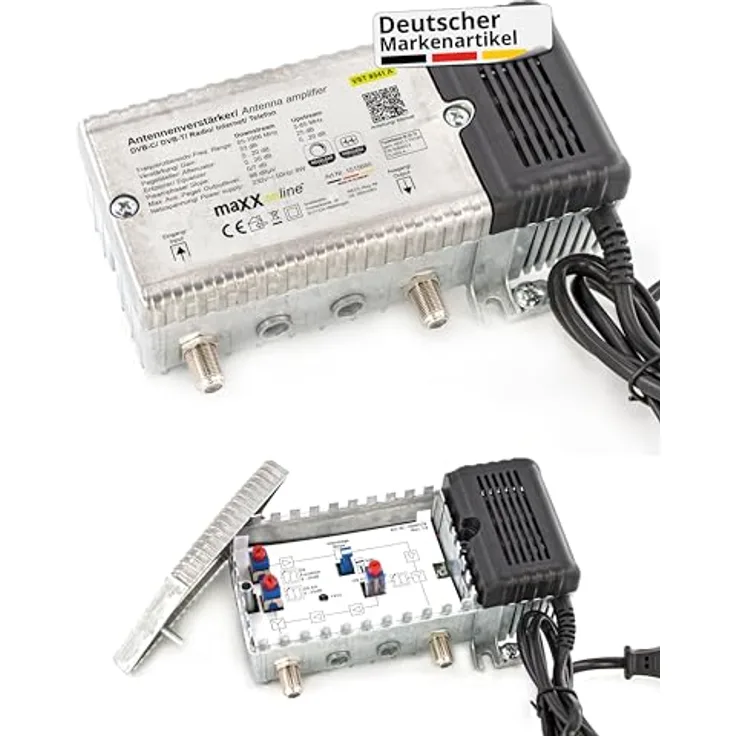 maxx.onLine Antennenverstärker für Kabelfernsehen 33 dB Verstärkung mit Rückkanal 1 GHz, DVB-T2, Hausanschlussverstärker DVB-C, Hausverstärker, Kabel Verstärker in Schwarz
