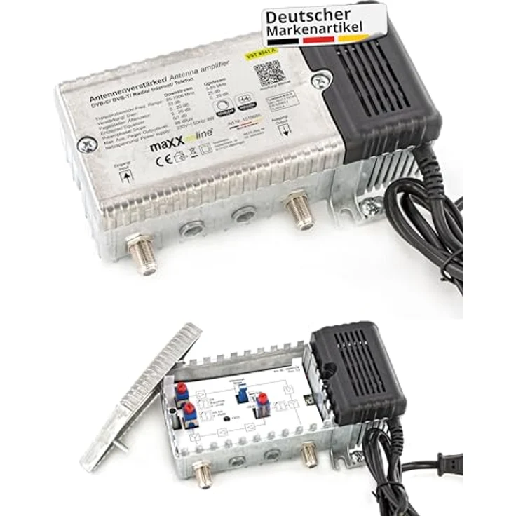 maxx.onLine Antennenverstärker für Kabelfernsehen 33 dB Verstärkung mit Rückkanal 1 GHz, DVB-T2, Hausanschlussverstärker DVB-C, Hausverstärker, Kabel Verstärker in Schwarz – Bild 1