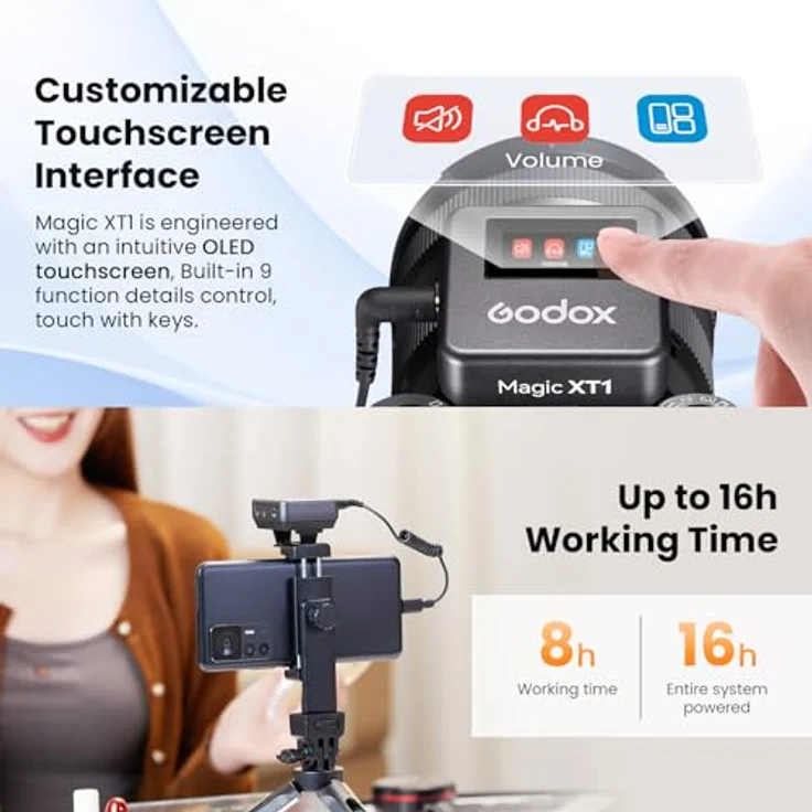 Godox Magic XT1 kabelloses Lavalier-Mikrofon für Kamera, Android, iPhone 15, PC, 48 kHz/24-Bit-Audio, Touchscreen-Empfänger, Geräuschunterdrückung, 2,4-G-Mikrofon mit 200 m Reichweite in schwarz – Bild 5