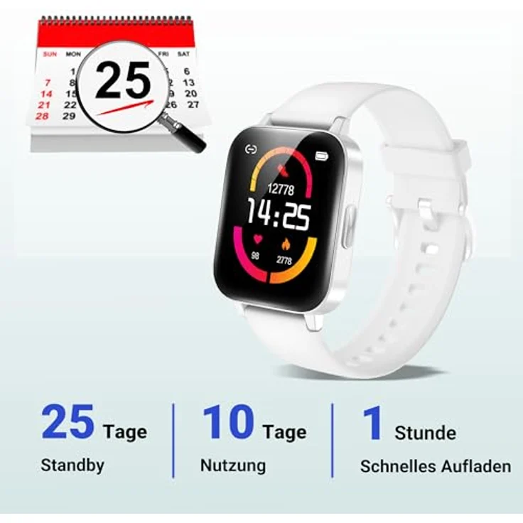 XINJI Smart Watch C1, Bluetooth 5.0, 1,69" Touchdisplay, Puls-/Blutsauerstoff-Messung, Kalorien-/Schrittzähler, 5ATM wasserdicht, weiß – Bild 2