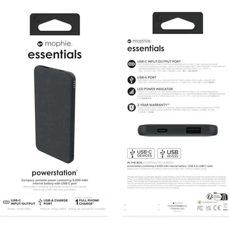 ZAGG mophie Essentials Powerstation 5K, Power Bank mit 5.000mAh, USB-C und USB-A Port, ca. 36 Stunden zusätzliche Laufzeit, Stoffbeschichtung, schwarz – Bild 3