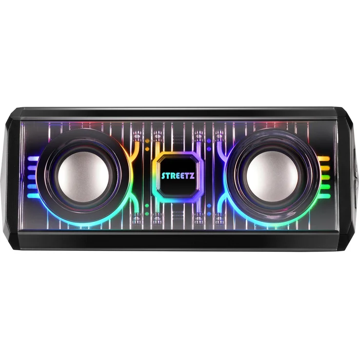 Streetz S320-BLK, Bluetooth Lautsprecher mit 10 Stunden Spielzeit, transparentes Design und RGB-LED-Effekte
